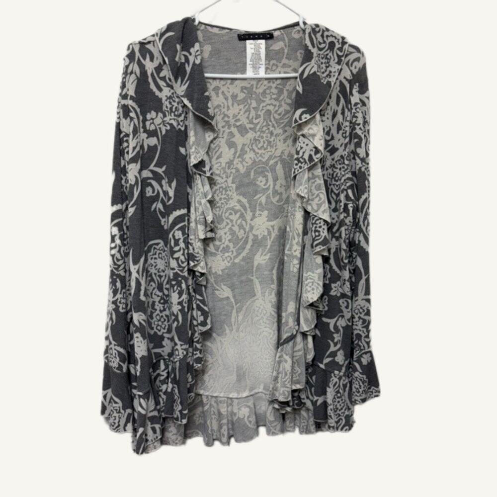 Tiana B. Gray White Floral Paisley Open Front Ruffle Cardigan Coverup Large